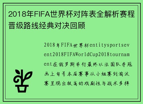 2018年FIFA世界杯对阵表全解析赛程晋级路线经典对决回顾 2018年FIFA世界杯对阵表全解析赛程晋级路线经典对决回顾